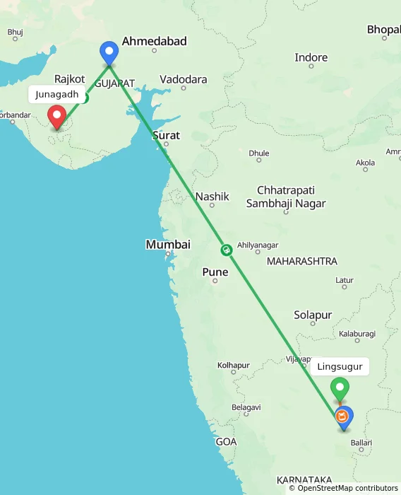 Route map showing distance and travel time from Lingsugur, India to Junagadh, India
