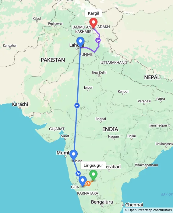 Route map showing distance and travel time from Lingsugur, India to Kargil, India
