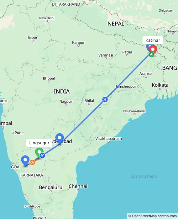 Route map showing distance and travel time from Lingsugur, India to Katihar, India