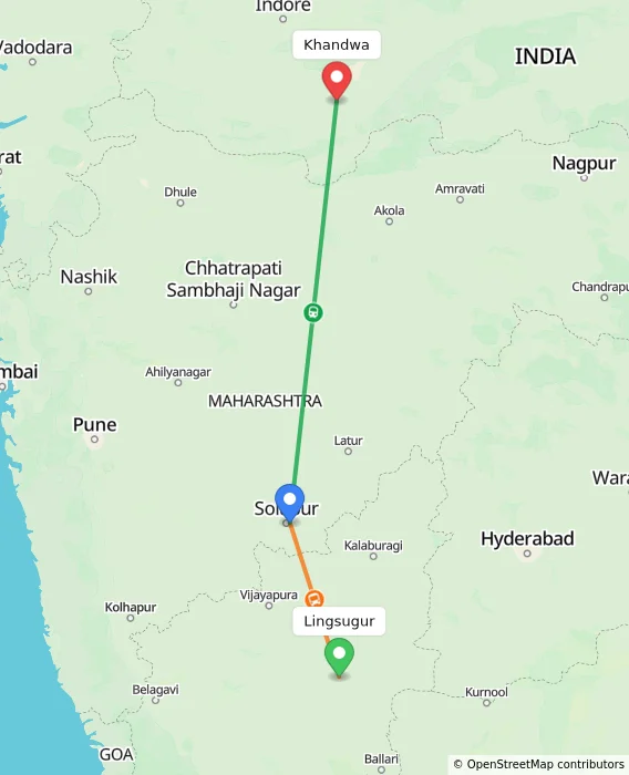 Route map showing distance and travel time from Lingsugur, India to Khandwa, India