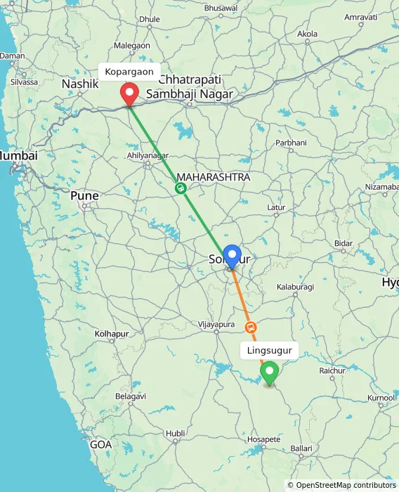 Route map showing distance and travel time from Lingsugur, India to Kopargaon, India