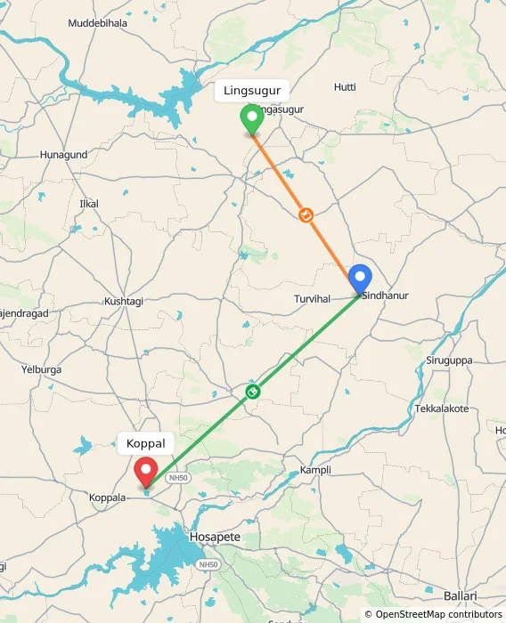 Route map showing distance and travel time from Lingsugur, India to Koppal, India