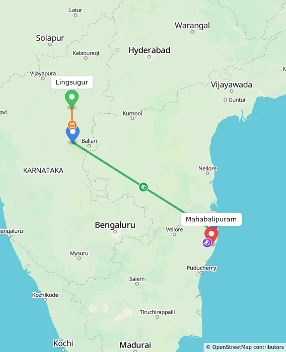 Route map showing distance and travel time from Lingsugur, India to Mahabalipuram, India