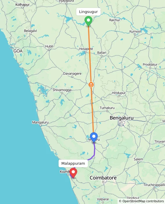 Route map showing distance and travel time from Lingsugur, India to Malappuram, India