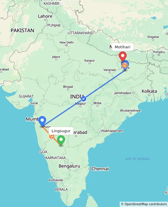 Route map showing distance and travel time from Lingsugur, India to Motihari, India
