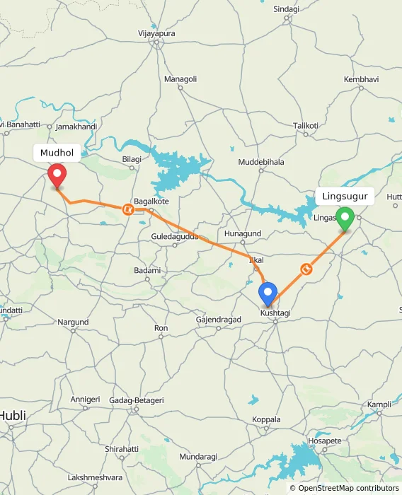 Route map showing distance and travel time from Lingsugur, India to Mudhol, India