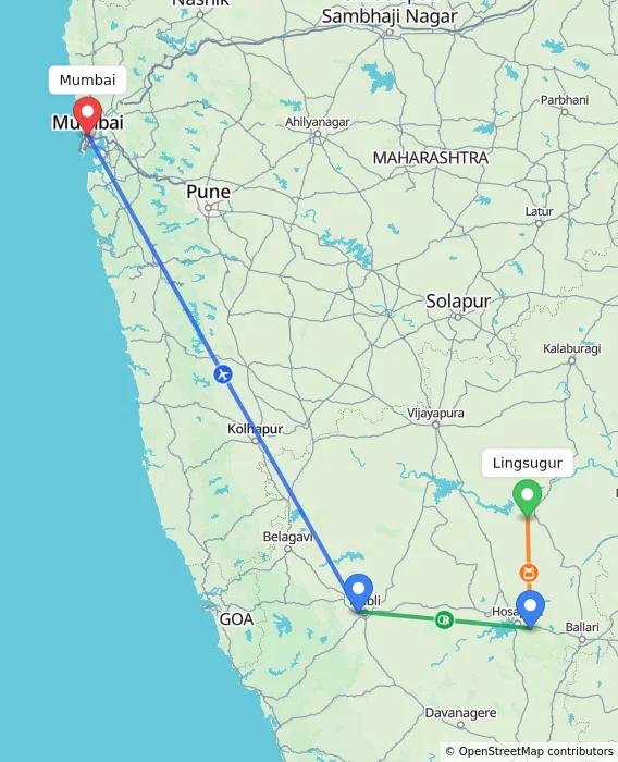 Route map showing distance and travel time from Lingsugur, India to Mumbai, India