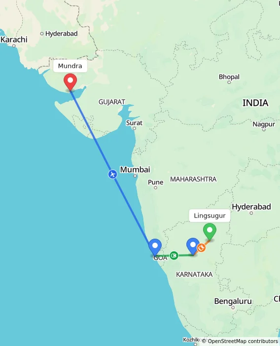 Route map showing distance and travel time from Lingsugur, India to Mundra, India