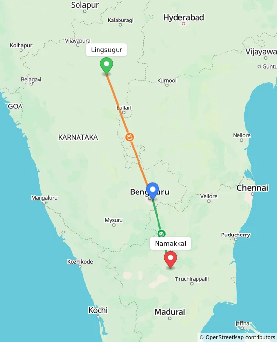 Route map showing distance and travel time from Lingsugur, India to Namakkal, India