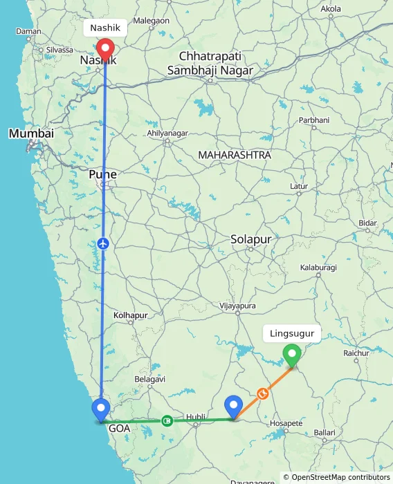 Route map showing distance and travel time from Lingsugur, India to Nashik, India
