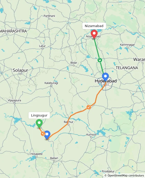 Route map showing distance and travel time from Lingsugur, India to Nizamabad, India