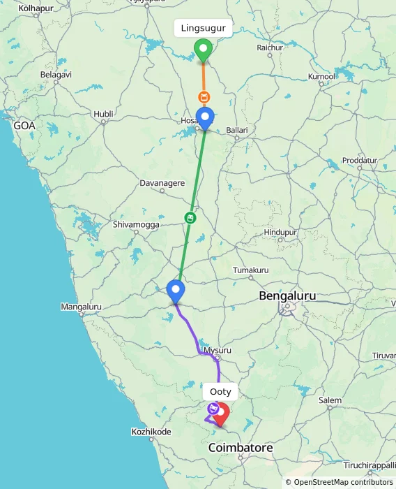 Route map showing distance and travel time from Lingsugur, India to Ooty, India