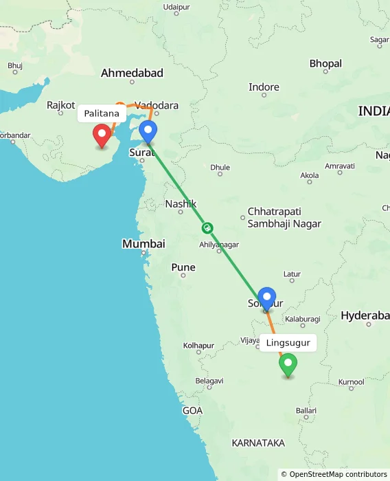 Route map showing distance and travel time from Lingsugur, India to Palitana, India