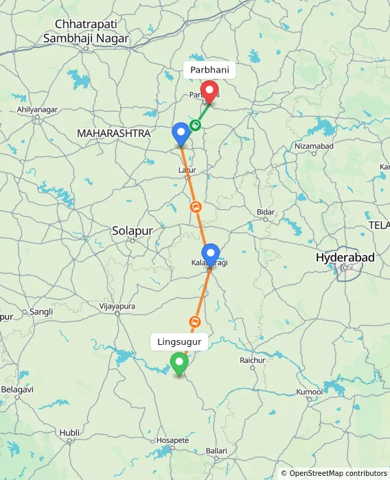Route map showing distance and travel time from Lingsugur, India to Parbhani, India