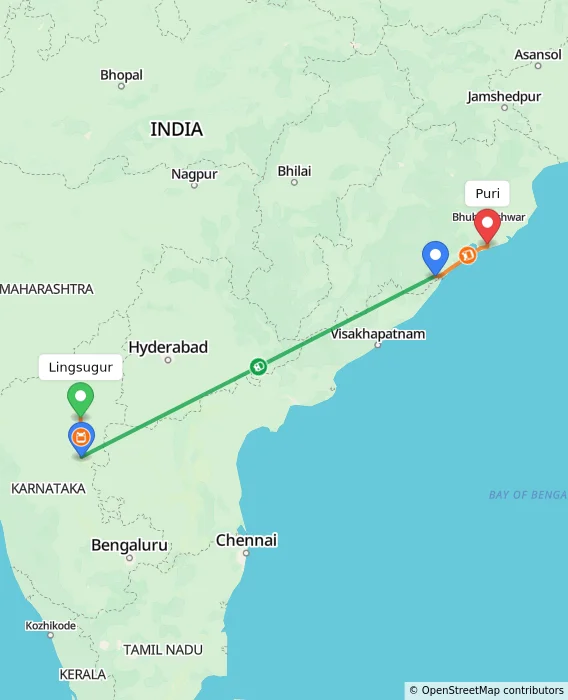 Route map showing distance and travel time from Lingsugur, India to Puri, India