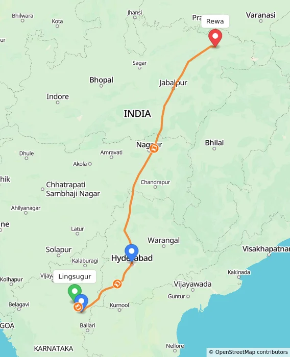 Route map showing distance and travel time from Lingsugur, India to Rewa, India