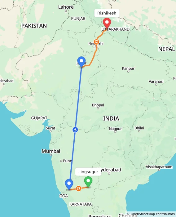 Route map showing distance and travel time from Lingsugur, India to Rishikesh, India