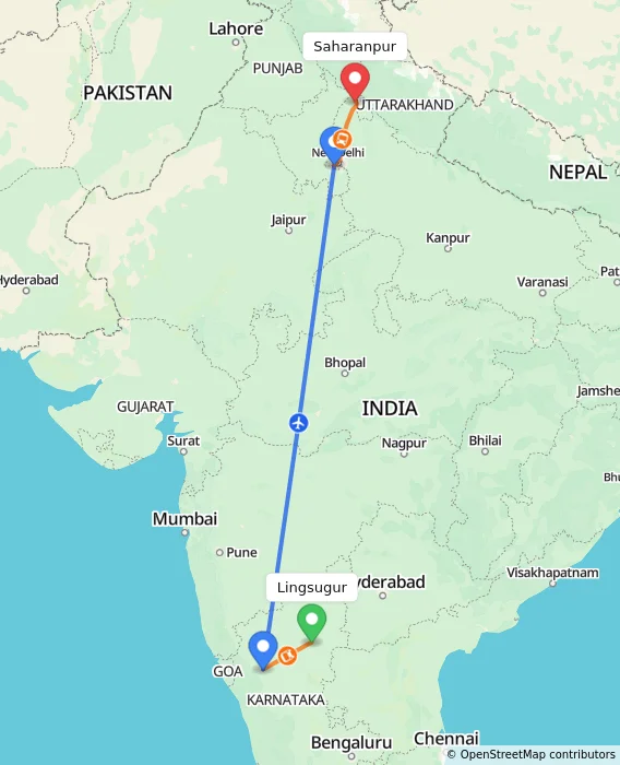 Route map showing distance and travel time from Lingsugur, India to Saharanpur, India