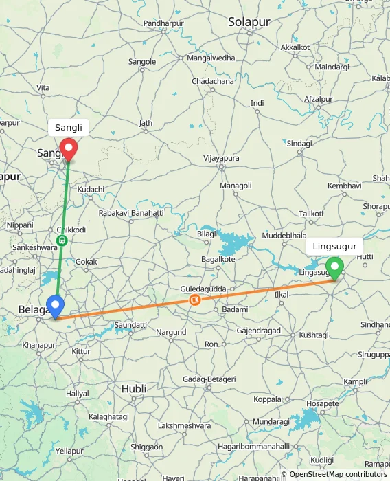 Route map showing distance and travel time from Lingsugur, India to Sangli, India