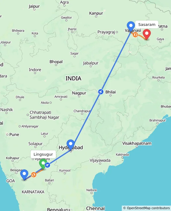 Route map showing distance and travel time from Lingsugur, India to Sasaram, India