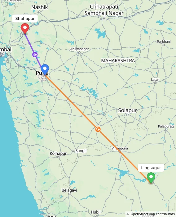 Route map showing distance and travel time from Lingsugur, India to Shahapur, India