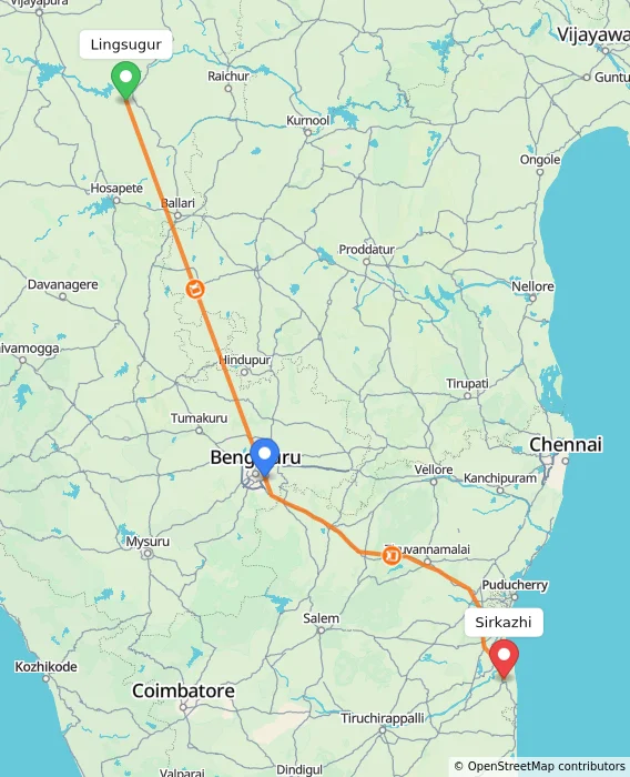 Route map showing distance and travel time from Lingsugur, India to Sirkazhi, India