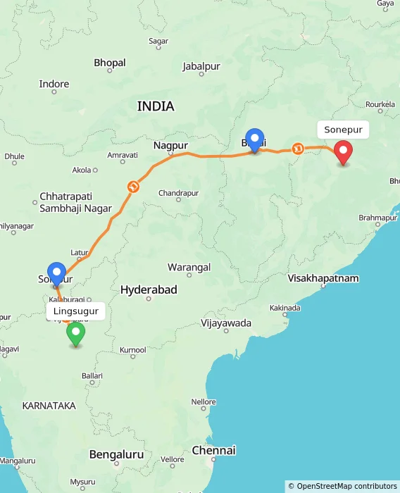 Route map showing distance and travel time from Lingsugur, India to Sonepur, India