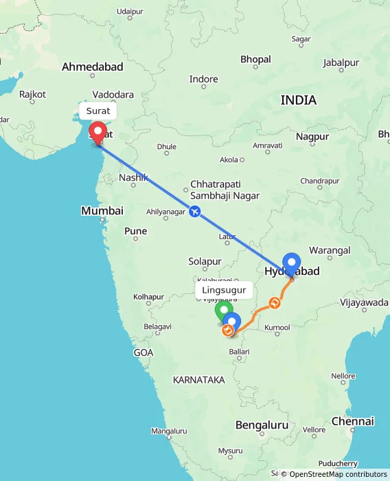 Route map showing distance and travel time from Lingsugur, India to Surat, India