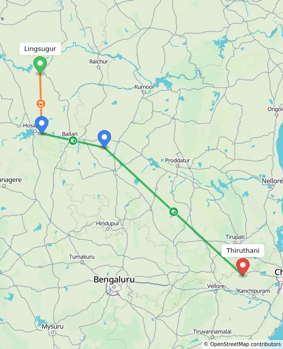 Route map showing distance and travel time from Lingsugur, India to Thiruthani, India