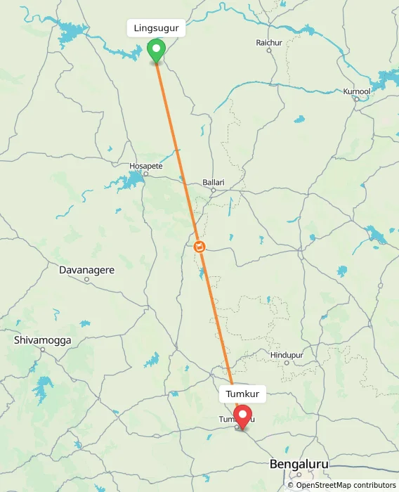 Route map showing distance and travel time from Lingsugur, India to Tumkur, India