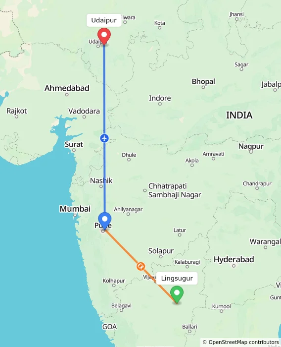 Route map showing distance and travel time from Lingsugur, India to Udaipur, India