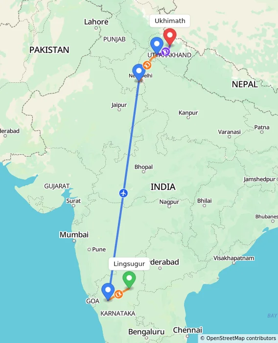 Route map showing distance and travel time from Lingsugur, India to Ukhimath, India