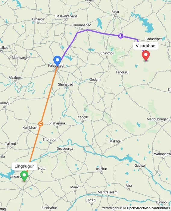 Route map showing distance and travel time from Lingsugur, India to Vikarabad, India