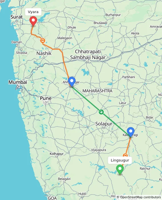Route map showing distance and travel time from Lingsugur, India to Vyara, India