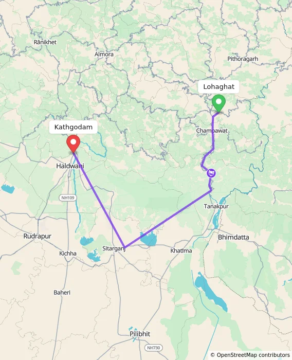 Route map showing distance and travel time from Lohaghat, India to Kathgodam, India
