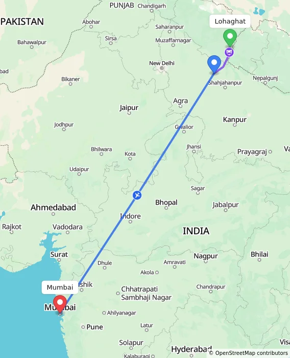 Route map showing distance and travel time from Lohaghat, India to Mumbai, India