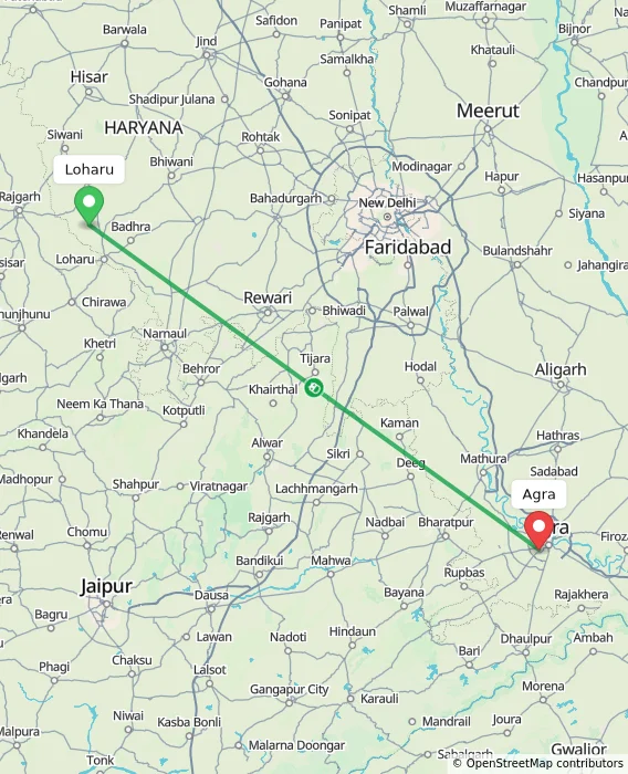 Route map showing distance and travel time from Loharu, India to Agra, India