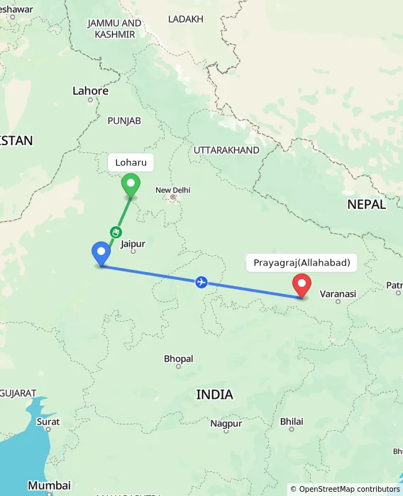 Route map showing distance and travel time from Loharu, India to Allahabad, India