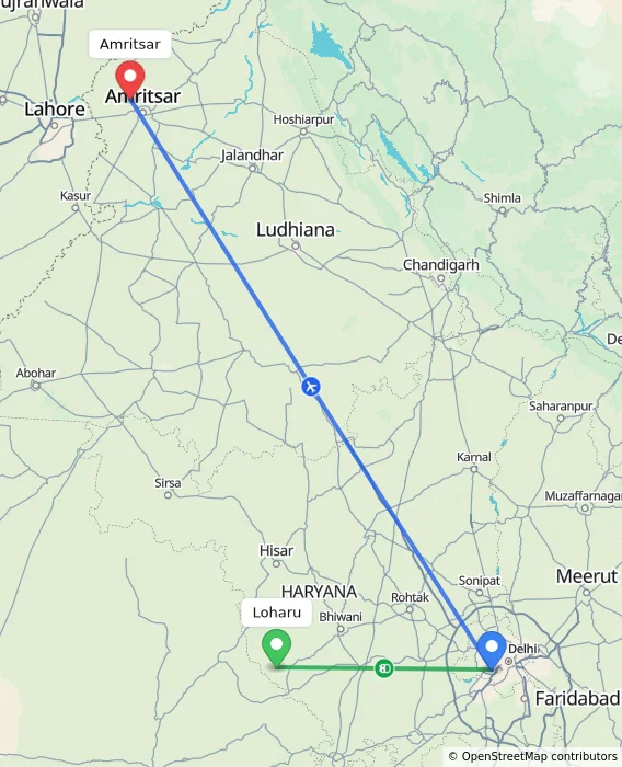 Route map showing distance and travel time from Loharu, India to Amritsar, India