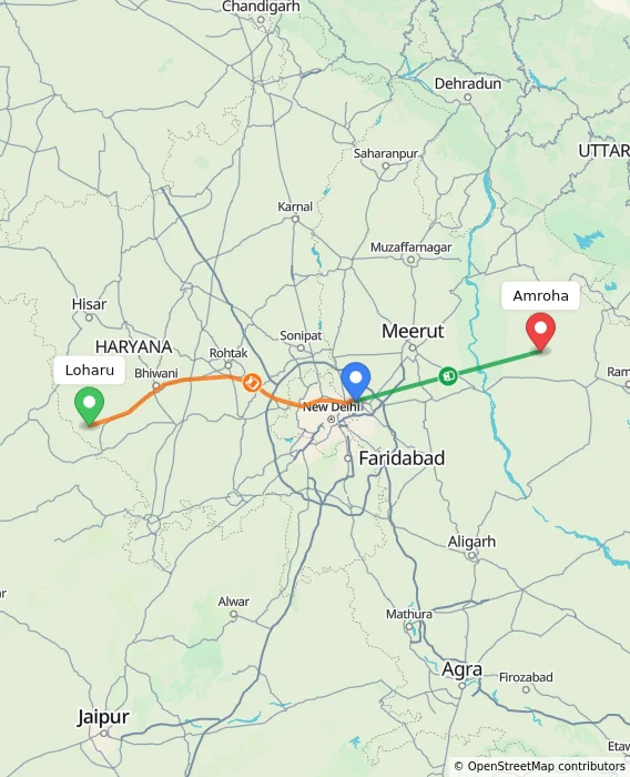 Route map showing distance and travel time from Loharu, India to Amroha, India
