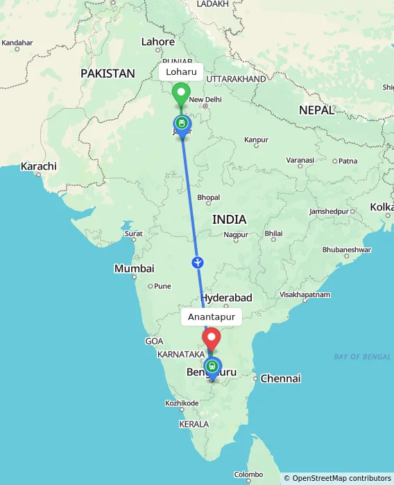 Route map showing distance and travel time from Loharu, India to Anantapur, India