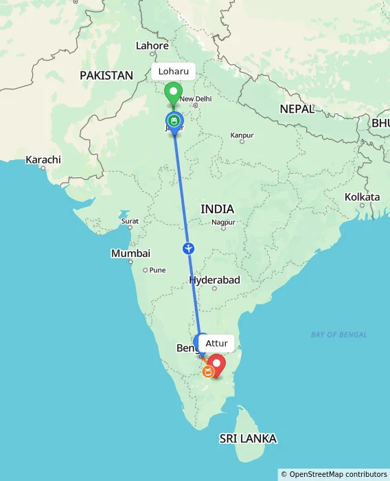 Route map showing distance and travel time from Loharu, India to Attur, India