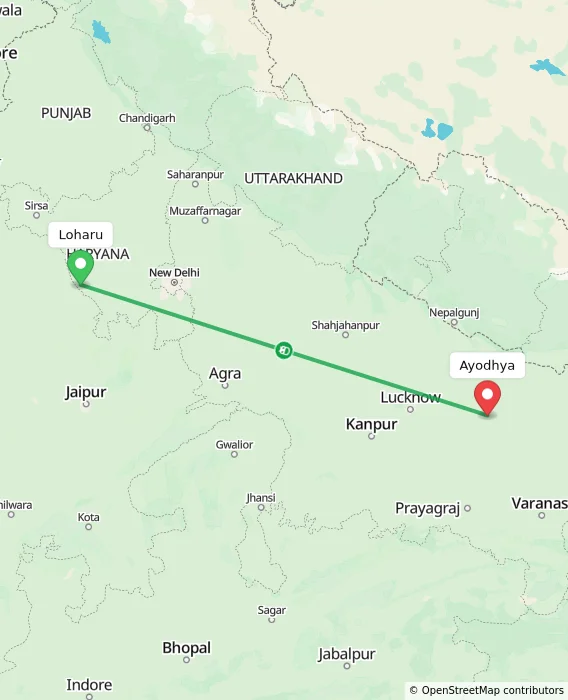 Route map showing distance and travel time from Loharu, India to Ayodhya, India