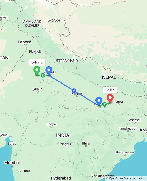 Route map showing distance and travel time from Loharu, India to Ballia, India