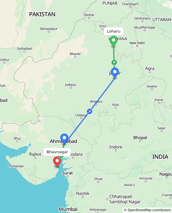 Route map showing distance and travel time from Loharu, India to Bhavnagar, India