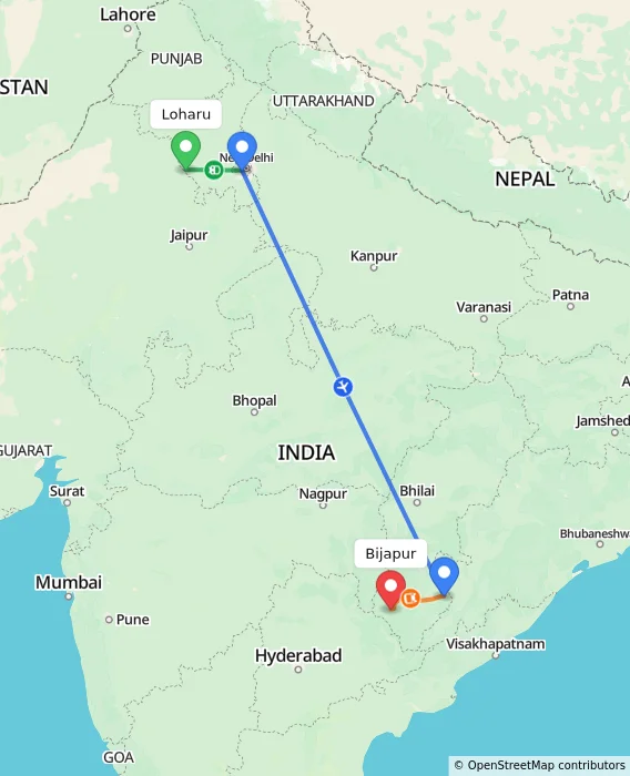 Route map showing distance and travel time from Loharu, India to Bijapur, India