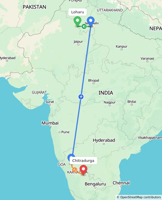 Route map showing distance and travel time from Loharu, India to Chitradurga, India