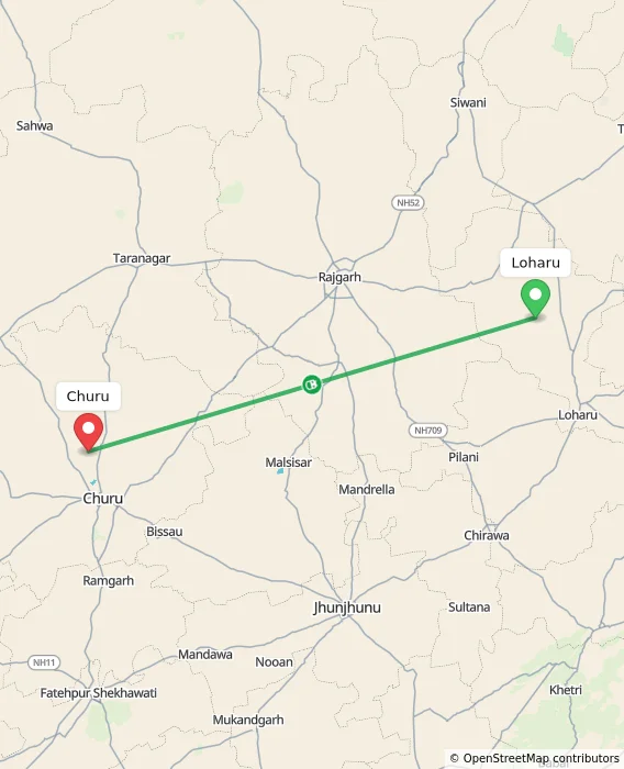 Route map showing distance and travel time from Loharu, India to Churu, India