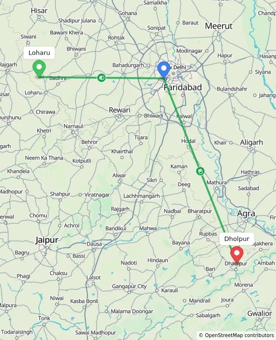 Route map showing distance and travel time from Loharu, India to Dholpur, India