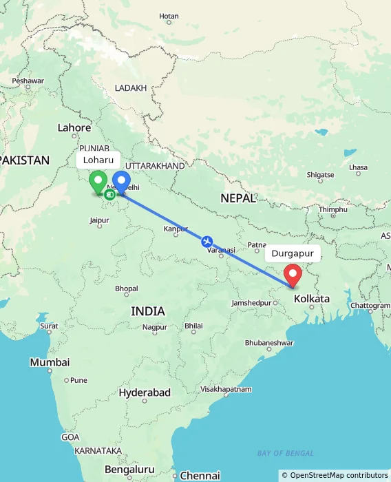 Route map showing distance and travel time from Loharu, India to Durgapur, India
